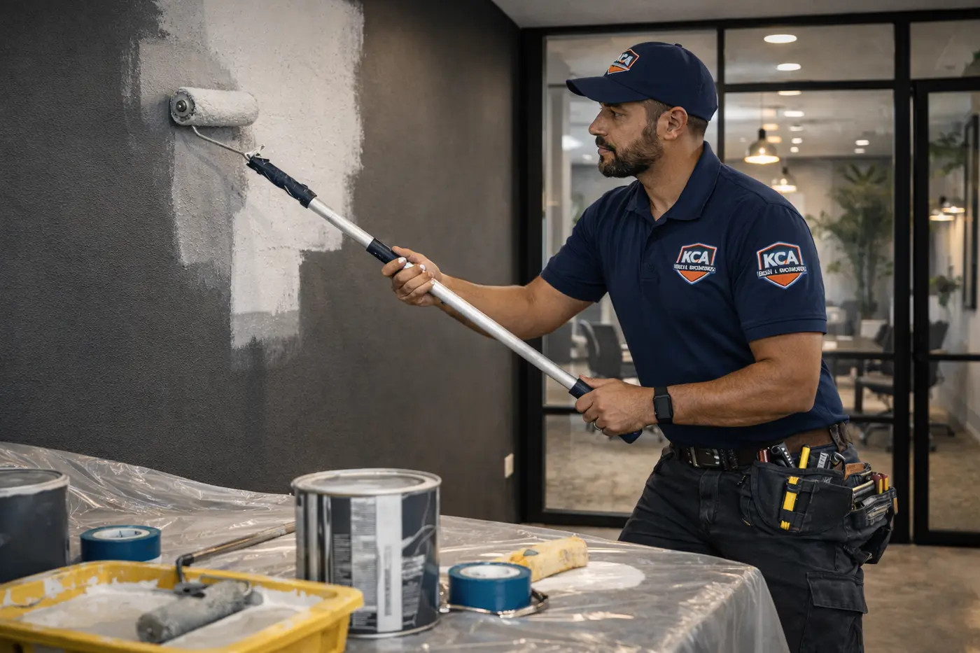 Vakman werkt aan de afwerking van een wand in een nette binnenruimte